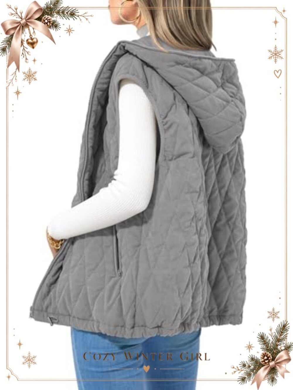 Quilted Hooded Zip Up Puffer Vest Sleeveless Loose Fit Fall Winter Coat